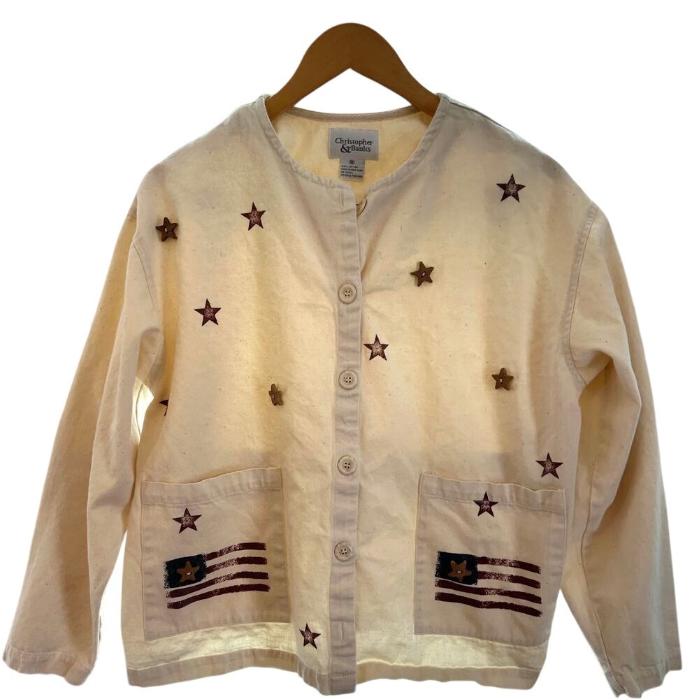 Grandma core‎ Christopher & Banks patriotic jacket wooden stars flags sz medium